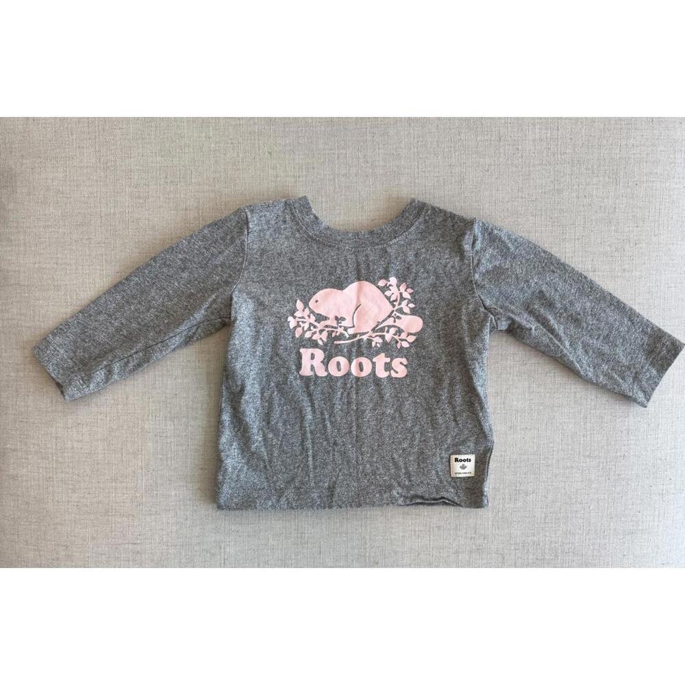 NWOT Baby Roots Long Sleeve Shirt Gray Pink Logo Size 6-12 Months